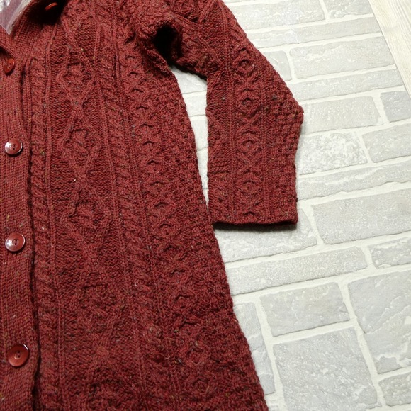 Kilronan‎ Knitwear Wool Sweater Womens Medium Red Long Chunky Cable Knit Ireland - Picture 7 of 11